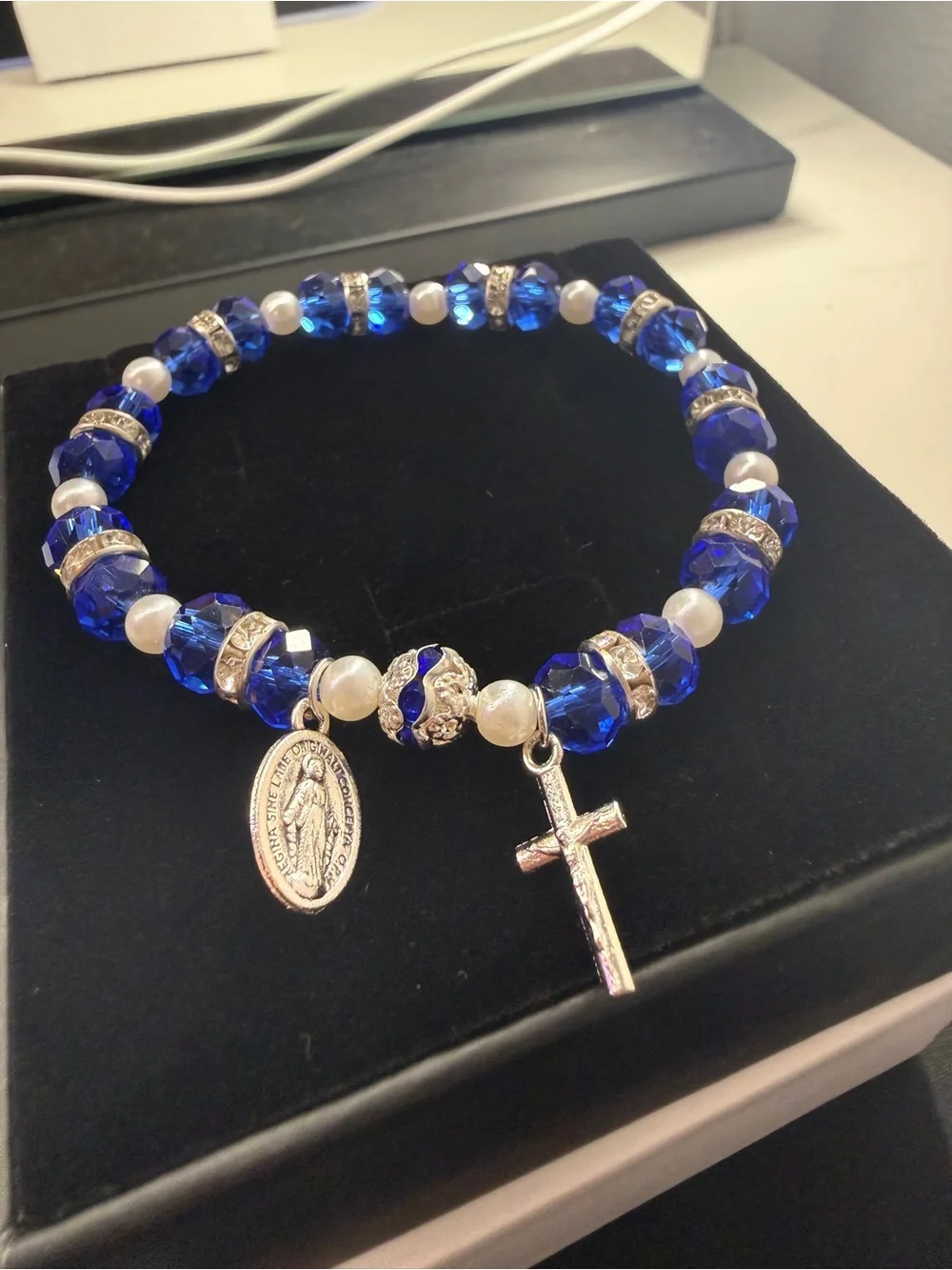 Women’s Blue Crystal Rosary Charm Bracelet Stretch One Size Virgin Mary Cross OS